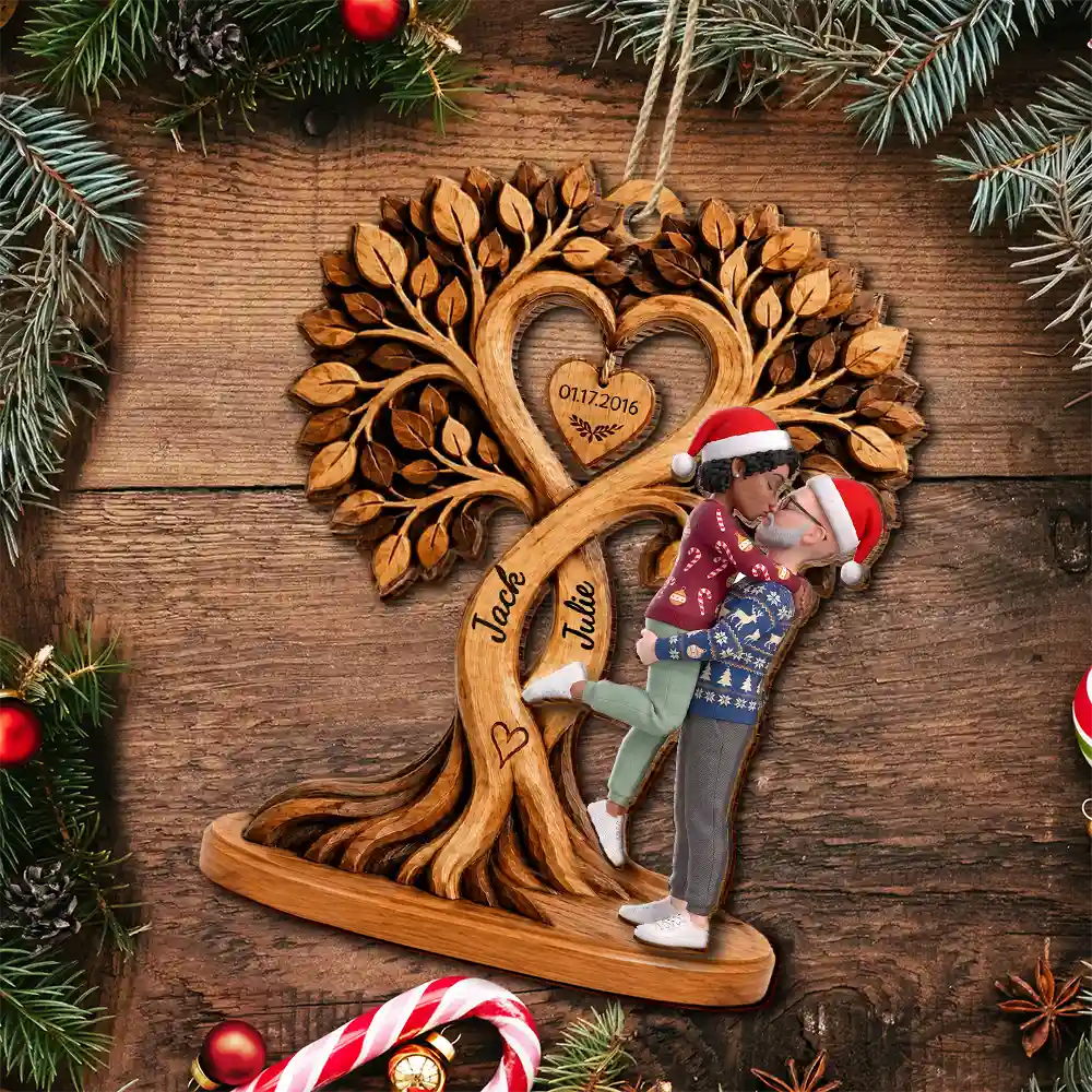 Anniversary,Christmas,Romantic,Gift For Couples,Vector - Kissing Couple Under Heart Tree - Personalized 2-Layered Wooden Ornament
