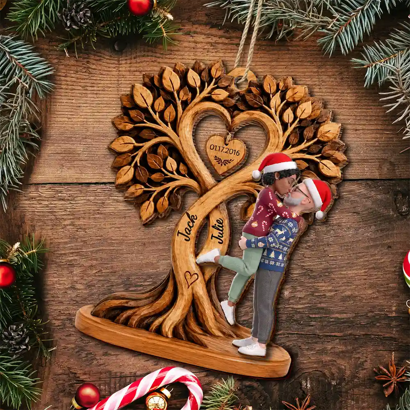 Anniversary,Christmas,Romantic,Gift For Couples,Vector - Kissing Couple Under Heart Tree - Personalized 2-Layered Wooden Ornament