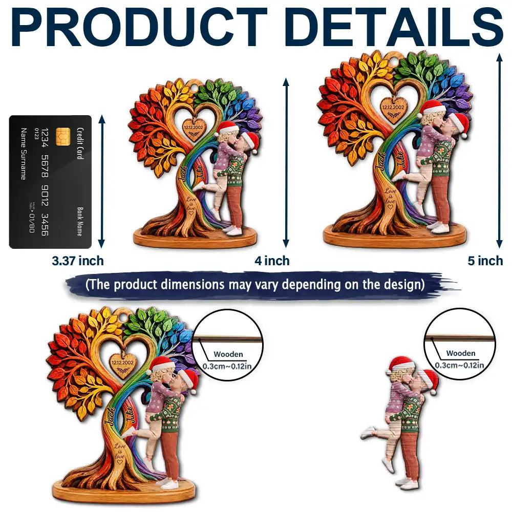 Anniversary,Christmas,Romantic,Gift For Couples,Vector - Kissing Couple Under Heart Tree - Personalized 2-Layered Wooden Ornament