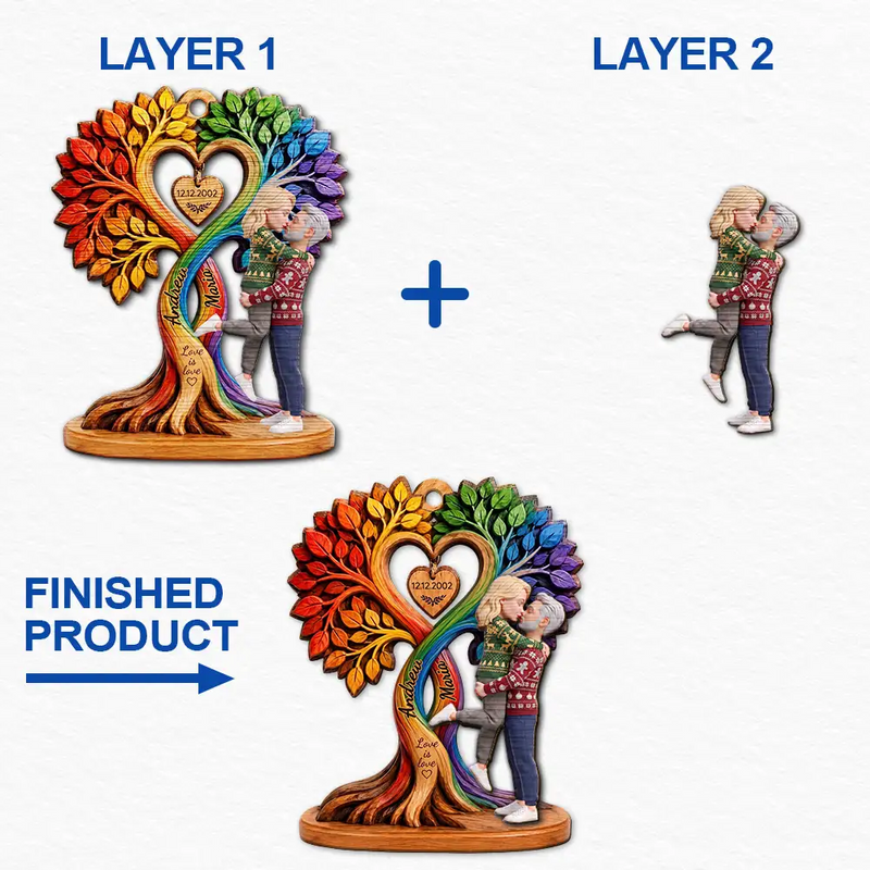 Anniversary,Christmas,Romantic,Gift For Couples,Vector - Kissing Couple Under Heart Tree - Personalized 2-Layered Wooden Ornament