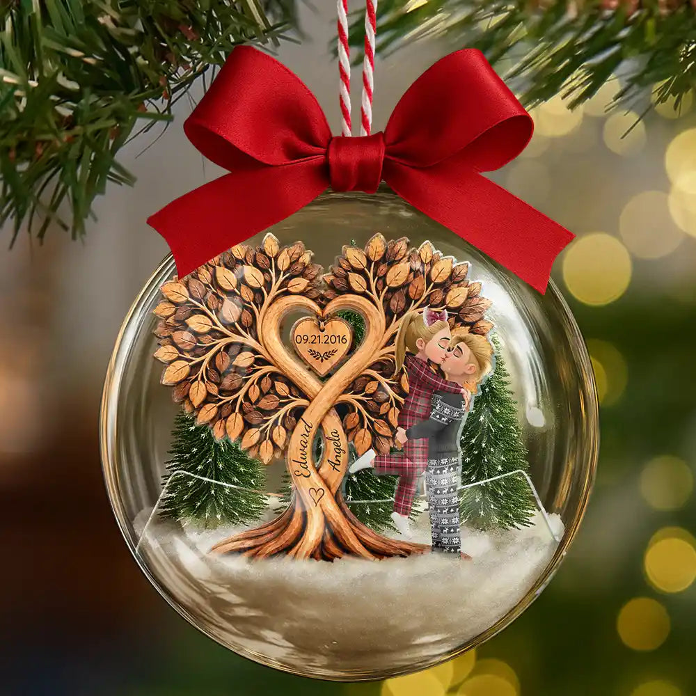 Anniversary,Christmas,Romantic,Gift For Couples,Vector - Kissing Couple Under Heart Tree - Personalized 3D Acrylic Ball Ornament