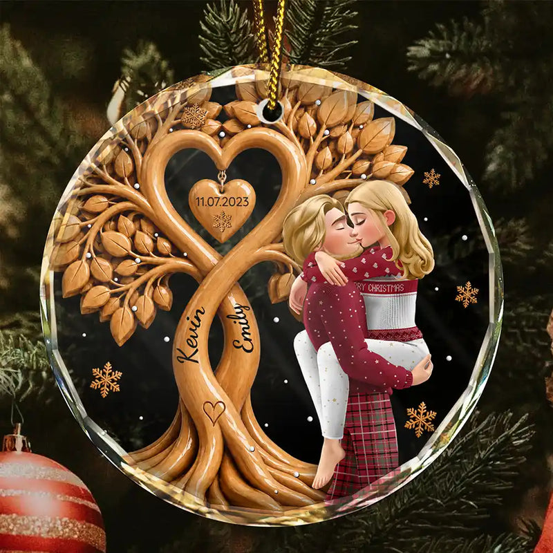 Anniversary,Christmas,Romantic,Gift For Couples,Vector - Kissing Couple Under Heart Tree - Personalized Circle Glass Ornament