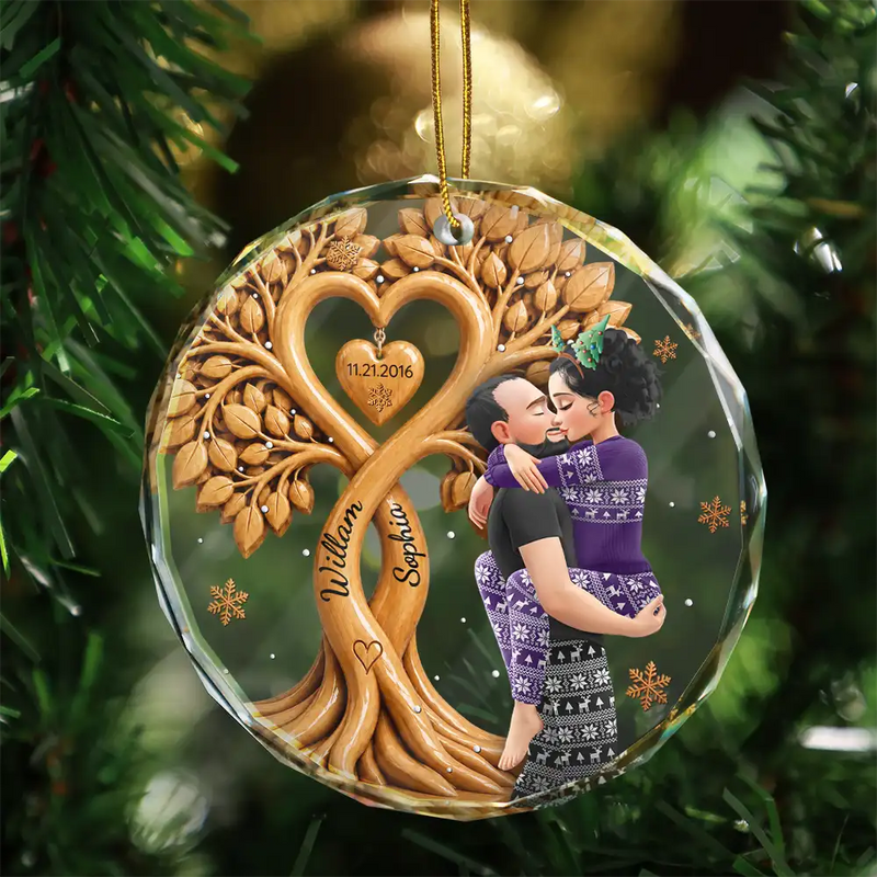 Anniversary,Christmas,Romantic,Gift For Couples,Vector - Kissing Couple Under Heart Tree - Personalized Circle Glass Ornament