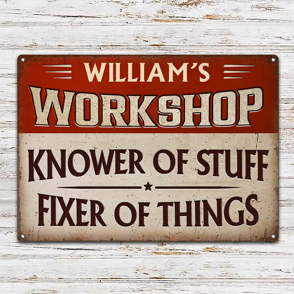 Top Market,Gift For Men,Proud,Gift For Yourself,Custom Text, Garage - Garage Workshop Man Cave Knower Of Stuff Fixer Of Things - Personalized Classic Metal Signs