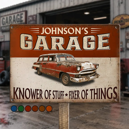Custom Photo Garage Workshop Man Cave Knower Of Stuff Fixer Of Things - Personalized Classic Metal Signs