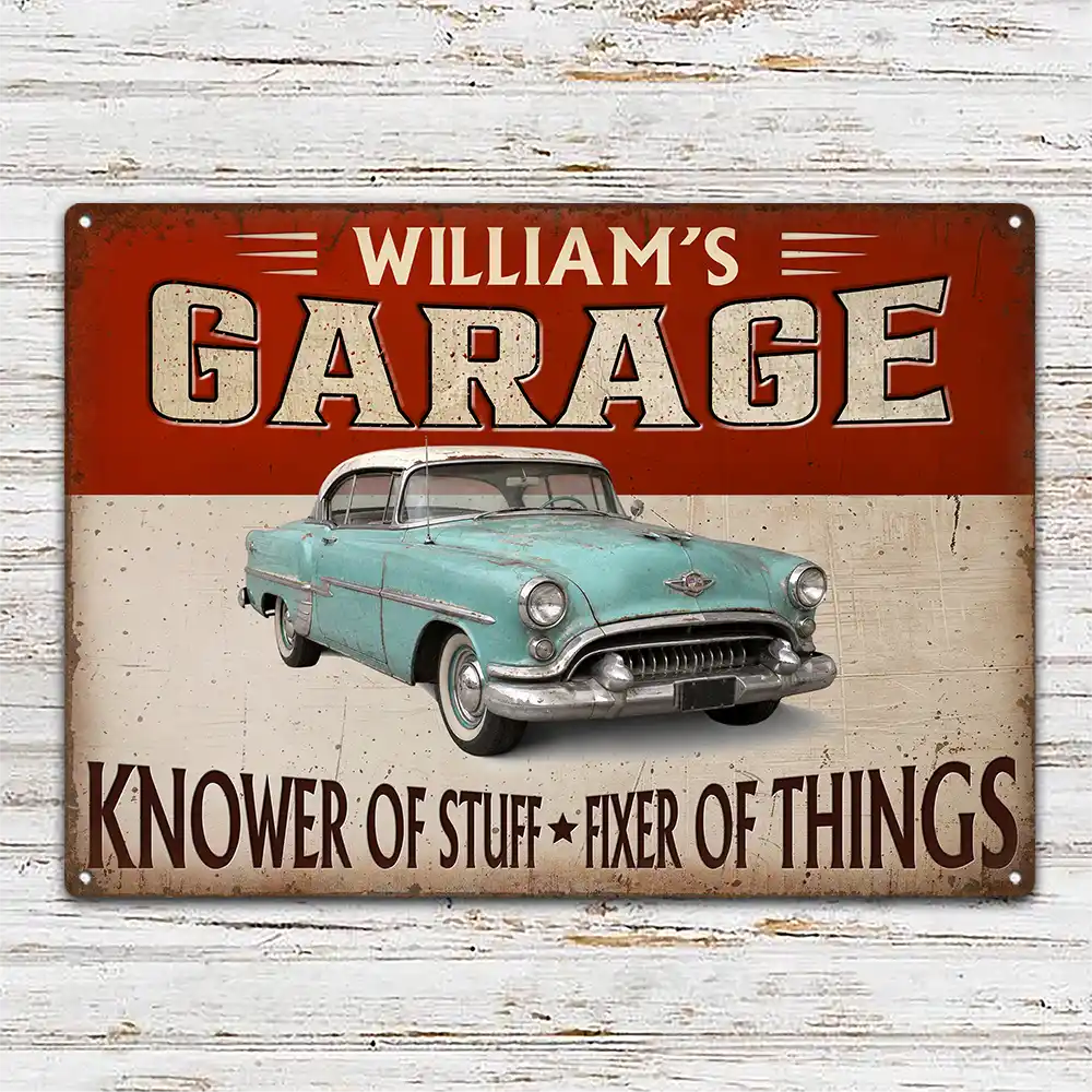 Top Market,Confident,Gift For Men,Gift For Yourself,Icon,Garage - Custom Photo Garage Workshop Man Cave Knower Of Stuff Fixer Of Things - Personalized Classic Metal Signs