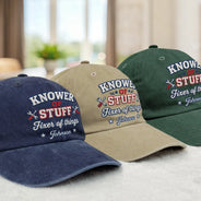 Top Market, Gift For Men, Gift For Yourself, Confident, Custom Text - Knower Of Stuff Fixer Of Things Embroidery Effect - Personalized Vintage Washed Denim Cap