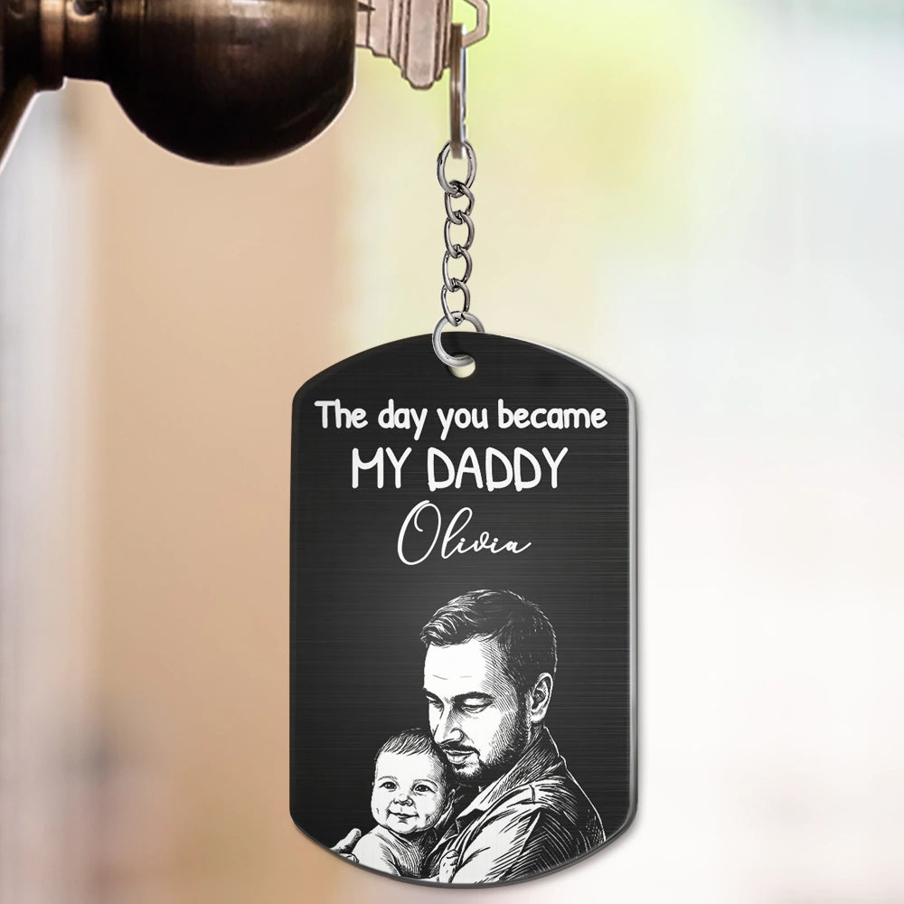 Custom Photo Pencil Sketch Calendar The Day You Became My Mom Dad - Personalized Aluminum Keychain