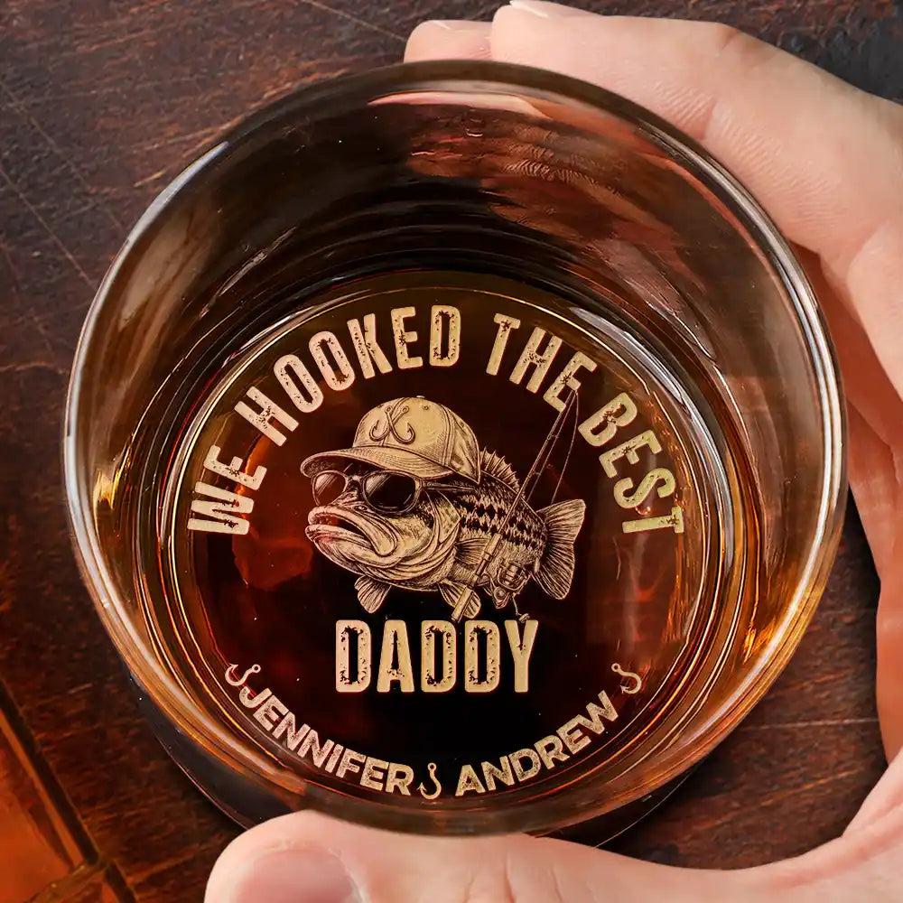 Gift For Husband,Gift For Men,Gift For Yourself,Gift For Grandpa,Gift For Father,Fishing,Photo - Pencil Sketch (Dark BG),Humorous - Custom Photo White Pencil Sketch Art We Hooked The Best Dad Grandpa - Personalized Engraved Whiskey Glass