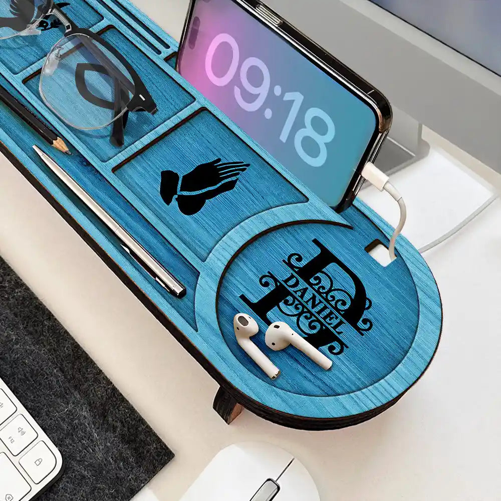 Gift For Men,Gift For Grandpa,Gift For Father,Gift For Husband,Gift For Couples,Gift For Boyfriend,Non-Eng,Monogram,Icon,Devoted - Monogram Initial God Says I Am For Him, Boyfriend, Husband, Grandpa, Dad - Personalized Desk Organizer