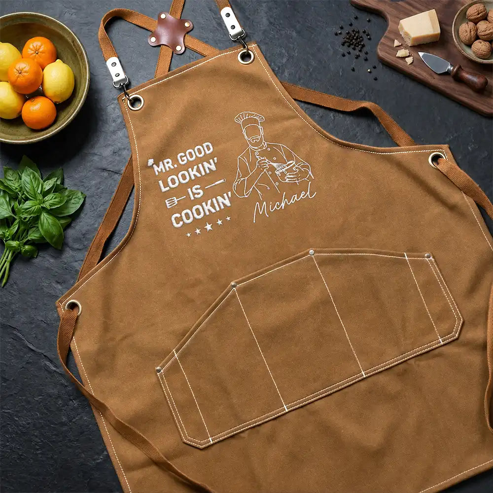 Gift For Husband,Gift For Father,Gift For Grandpa,Grilling,Non-Eng,Photo - Faceless Outline Sketch,Humorous - Custom Photo Faceless Outline Sketch Mr. Good Lookin' Is Cookin' - Personalized Embroidered Apron