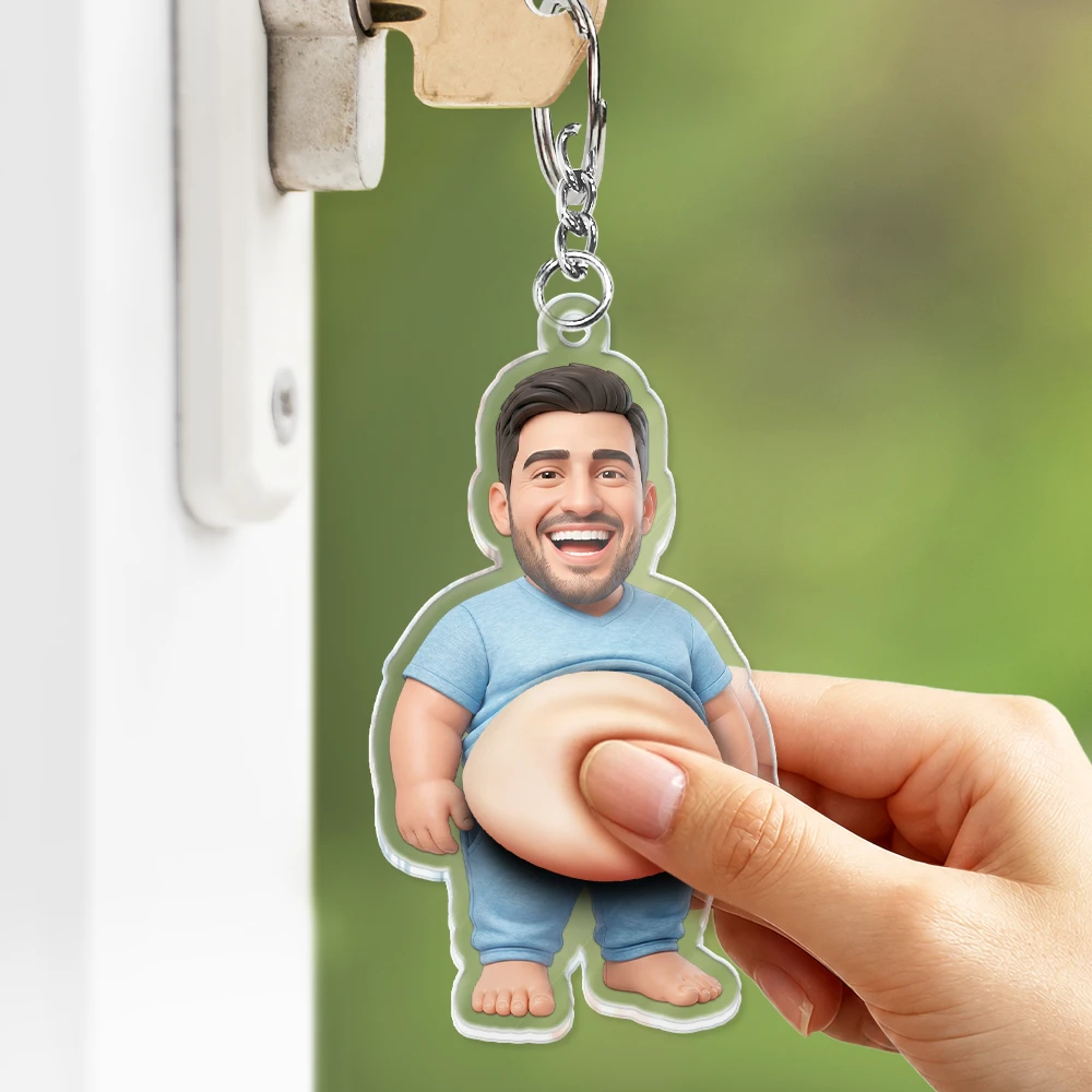 Custom Photo,Art Design,Family,Humorous,Photo - Belly Pose Cartoon Figure - Custom Photo Cartoon Funny Belly Character Family Member And Pet - Personalized Squishy Acrylic Keychain