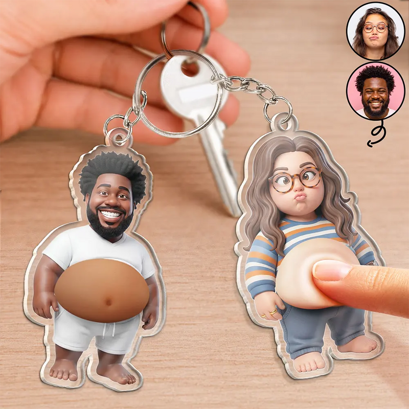 Custom Photo,Art Design,Family,Humorous,Photo - Belly Pose Cartoon Figure - Custom Photo Cartoon Funny Belly Character Family Member And Pet - Personalized Squishy Acrylic Keychain