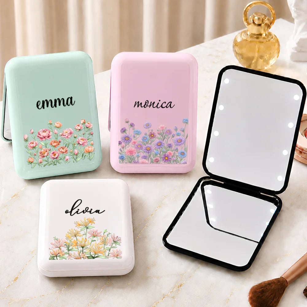Gift For Yourself,Gift For Women,Top Market,Confident,Icon,Custom Text - Custom Name & Birth Flower For Her, Sisters, Daughter, Besties - Personalized LED Compact Mirror