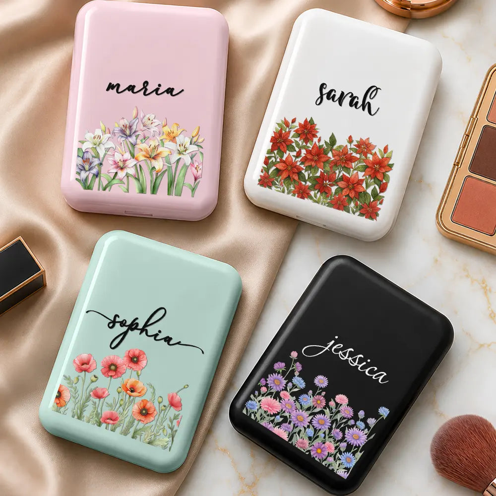 Gift For Yourself,Gift For Women,Top Market,Confident,Icon,Custom Text - Custom Name & Birth Flower For Her, Sisters, Daughter, Besties - Personalized LED Compact Mirror