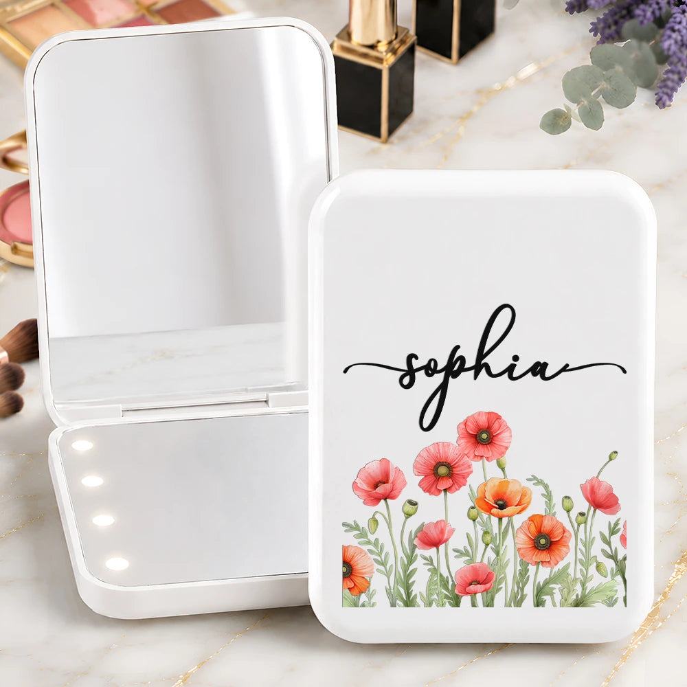 Gift For Yourself,Gift For Women,Top Market,Confident,Icon,Custom Text - Custom Name & Birth Flower For Her, Sisters, Daughter, Besties - Personalized LED Compact Mirror