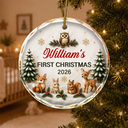 Top Market,Adorable,Gift For Baby,Christmas,Custom Text - Baby First Christmas Animals 3D Effect - Personalized Glass Ornament