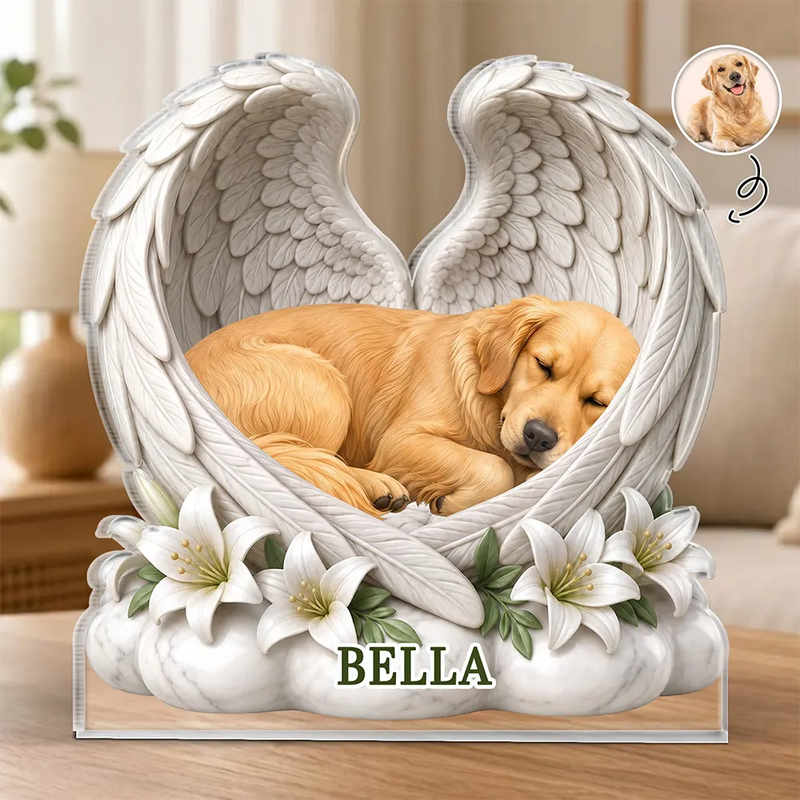 Top Market,Art Design,Sentimental,Pet Lovers,Memorial,Photo - Sleeping Dog Cat Baby - Custom Photo Sleeping Angel Dog Cat Angel Wings Memorial - Personalized Custom Shaped Acrylic Plaque
