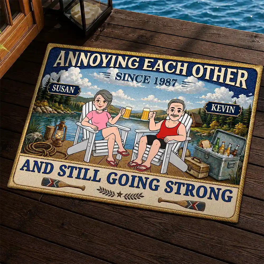 Wedding Anniversary,Old Couples,Outdoor Decor,Lake,Gift For Couples,Custom Text,Happy - Lake House Retro Couple Annoying Each Other - Personalized Doormat