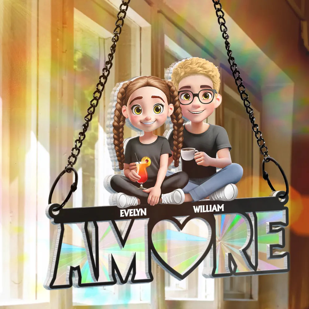 Gift For Couples,Old Couples,Gift For Husband,Gift For Wife,Gift For Boyfriend,Gift For Girlfriend,LGBT,Love,French,Spanish,German - Language Of Love - Personalized Window Hanging Rainbow Suncatcher