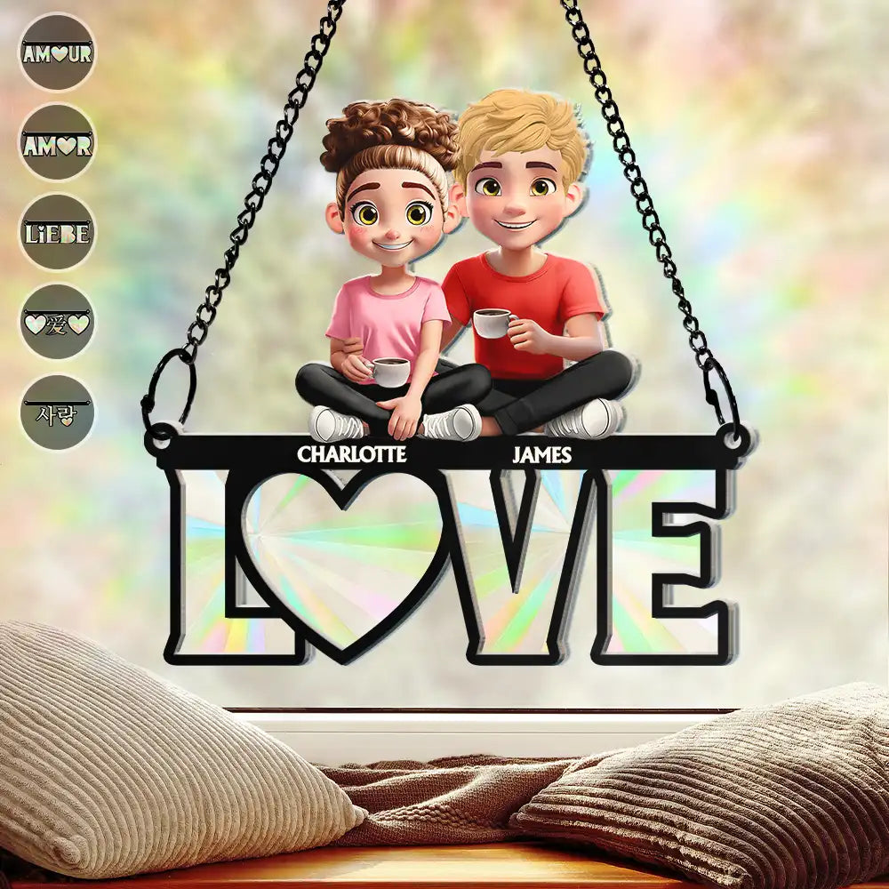 Gift For Couples,Old Couples,Gift For Husband,Gift For Wife,Gift For Boyfriend,Gift For Girlfriend,LGBT,Love,French,Spanish,German - Language Of Love - Personalized Window Hanging Rainbow Suncatcher