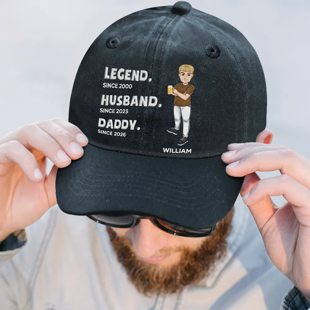 Gift For Father,Gift For Grandpa,Happy - Legend Husband Daddy Embroidery Effect - Personalized Vintage Washed Denim Cap