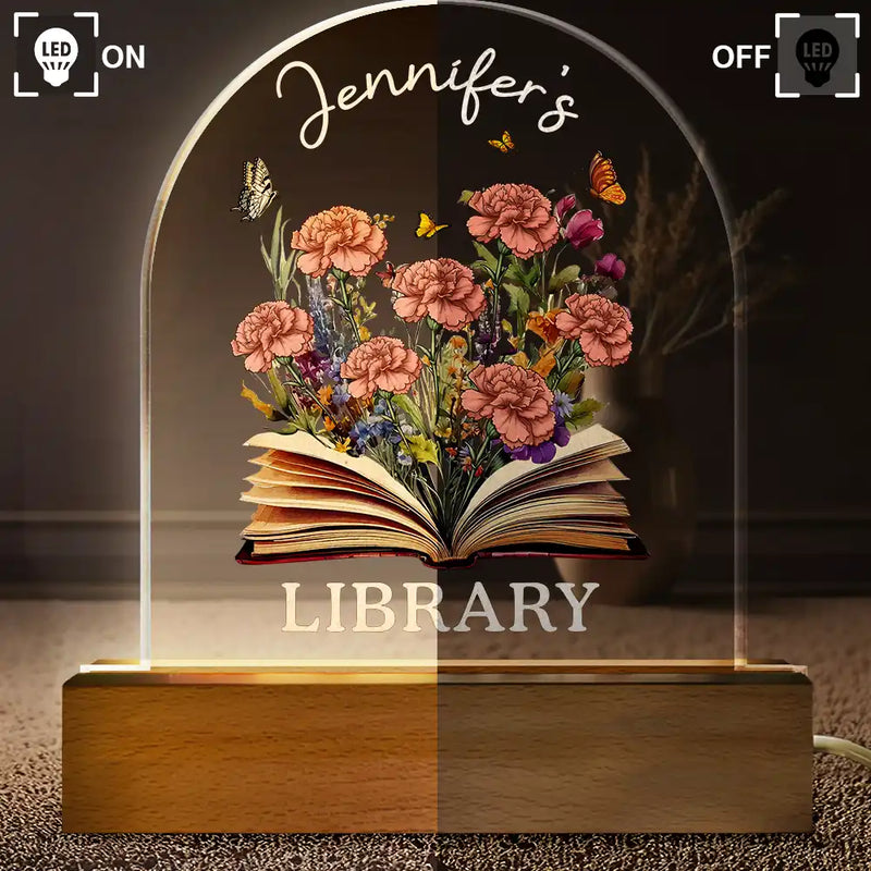 Reading,Gift For Yourself - Library With Birth Month Flower And Book - Personalized Custom Shaped LED Light
