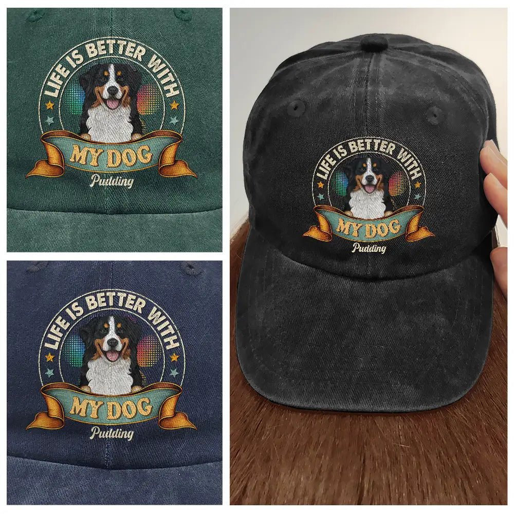 Pet Mom, Pet Dad, Happy - Life Is Better With Cat Dog Storybook Vintage Style - Personalized Vintage Washed Denim Cap