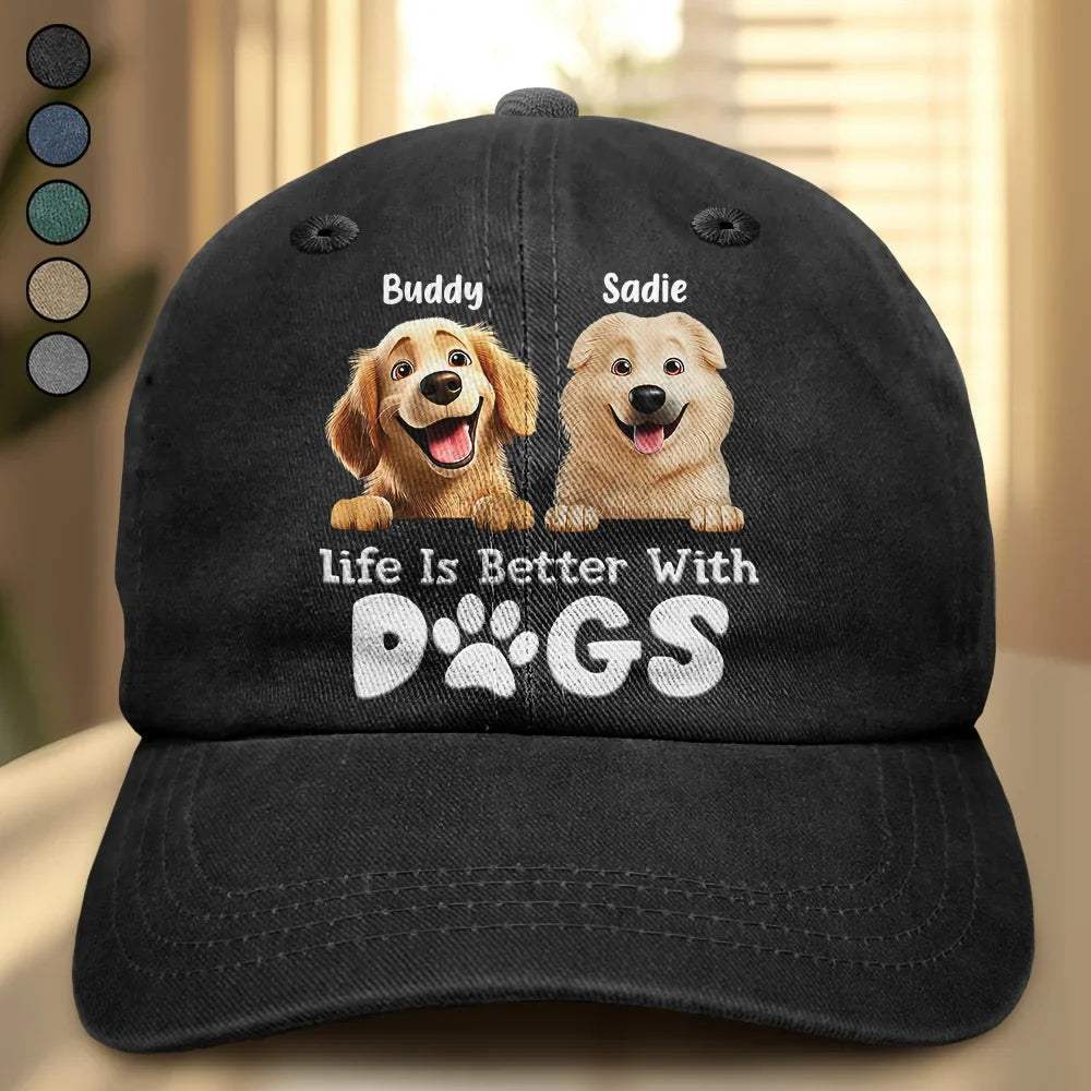 Life Is Better With Dogs - Personalized Vintage Washed Denim Cap