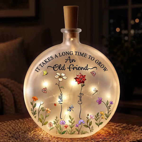 Afro Besties, Christmas, Gift For Bestie, Icon, Sentimental - Lifelong Best Friend - Personalized Birth Month Flower Round Flat Bottle Light