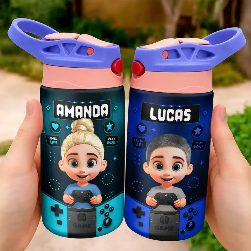 Playful,Back To School,Gift For Kids,Vector - Little Boy Girl Playing Game - Personalized Insulated Water Bottle With Straw
