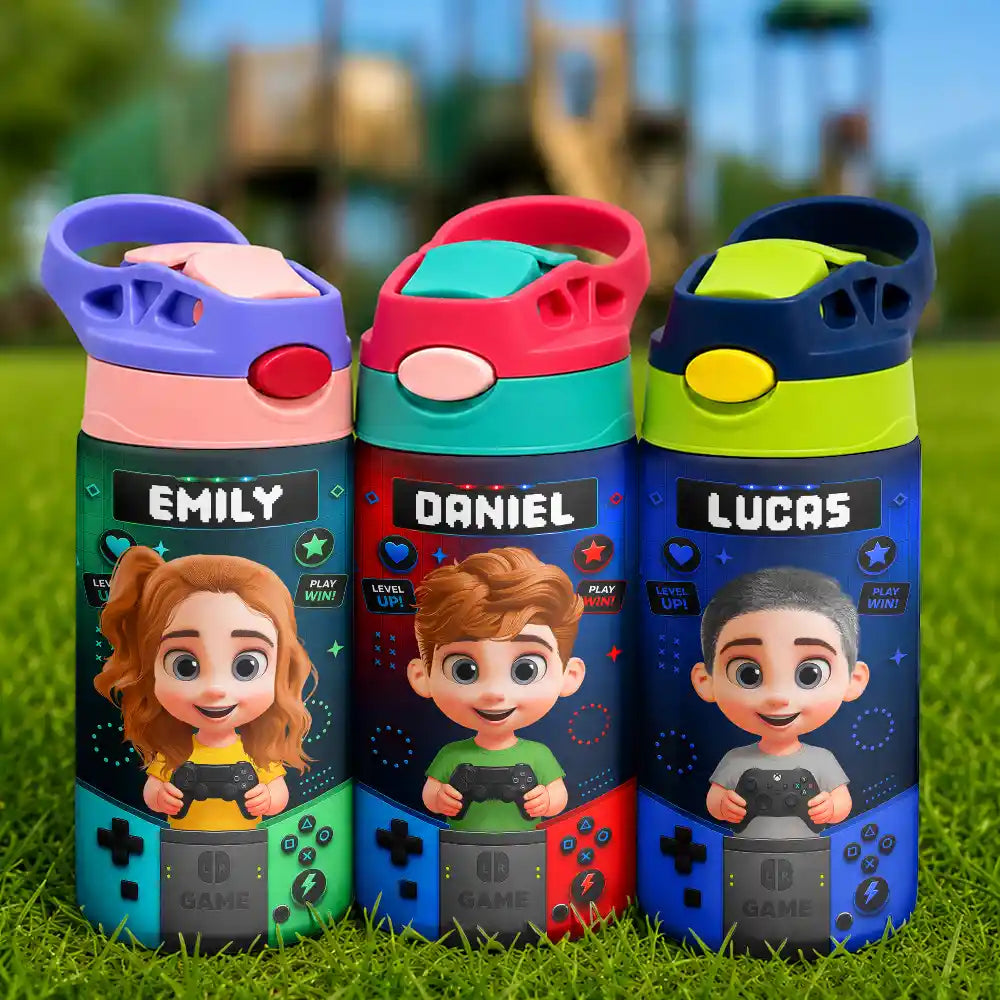 Playful,Back To School,Gift For Kids,Vector - Little Boy Girl Playing Game - Personalized Insulated Water Bottle With Straw
