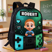 Adorable, Back To School, Gaming, Gift For Kids, Vector - Little Boy Girl Playing Game - Personalized Kids Backpack