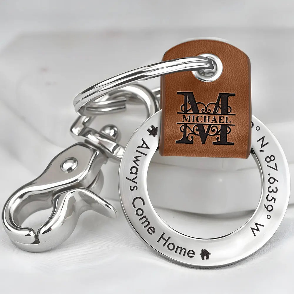 Location Coordinates Always Come Home - Personalized Leather Coordinates Keychain