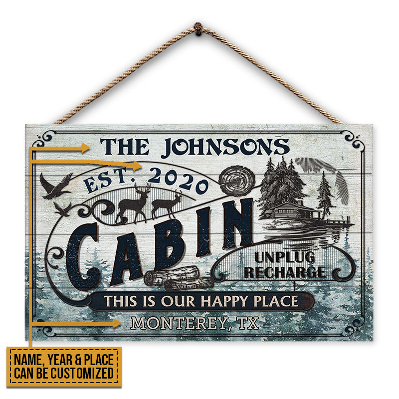Log Cabin This Is Our Happy Place Custom Wood Rectangle Sign