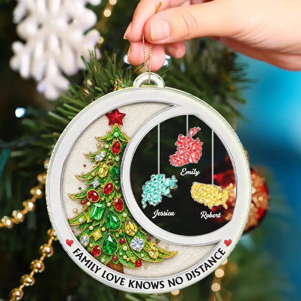 Christmas,Long Distance,Cozy,Family,Icon - Long Distance Family Love Knows No Distance Crystal Effect Countries Version - Personalized Custom Shaped Acrylic Ornament