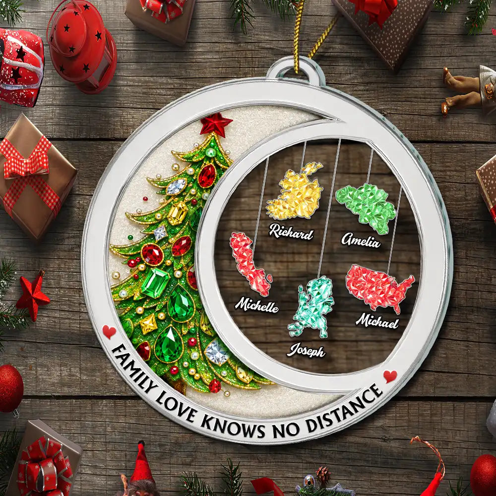 Christmas,Long Distance,Cozy,Family,Icon - Long Distance Family Love Knows No Distance Crystal Effect Countries Version - Personalized Custom Shaped Acrylic Ornament
