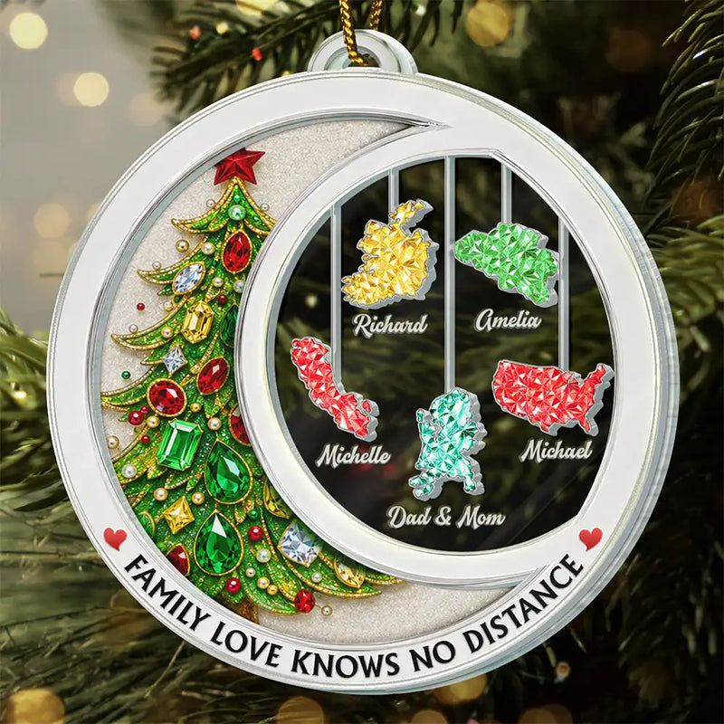 Christmas,Long Distance,Cozy,Family,Icon - Long Distance Family Love Knows No Distance Crystal Effect Countries Version - Personalized Custom Shaped Acrylic Ornament