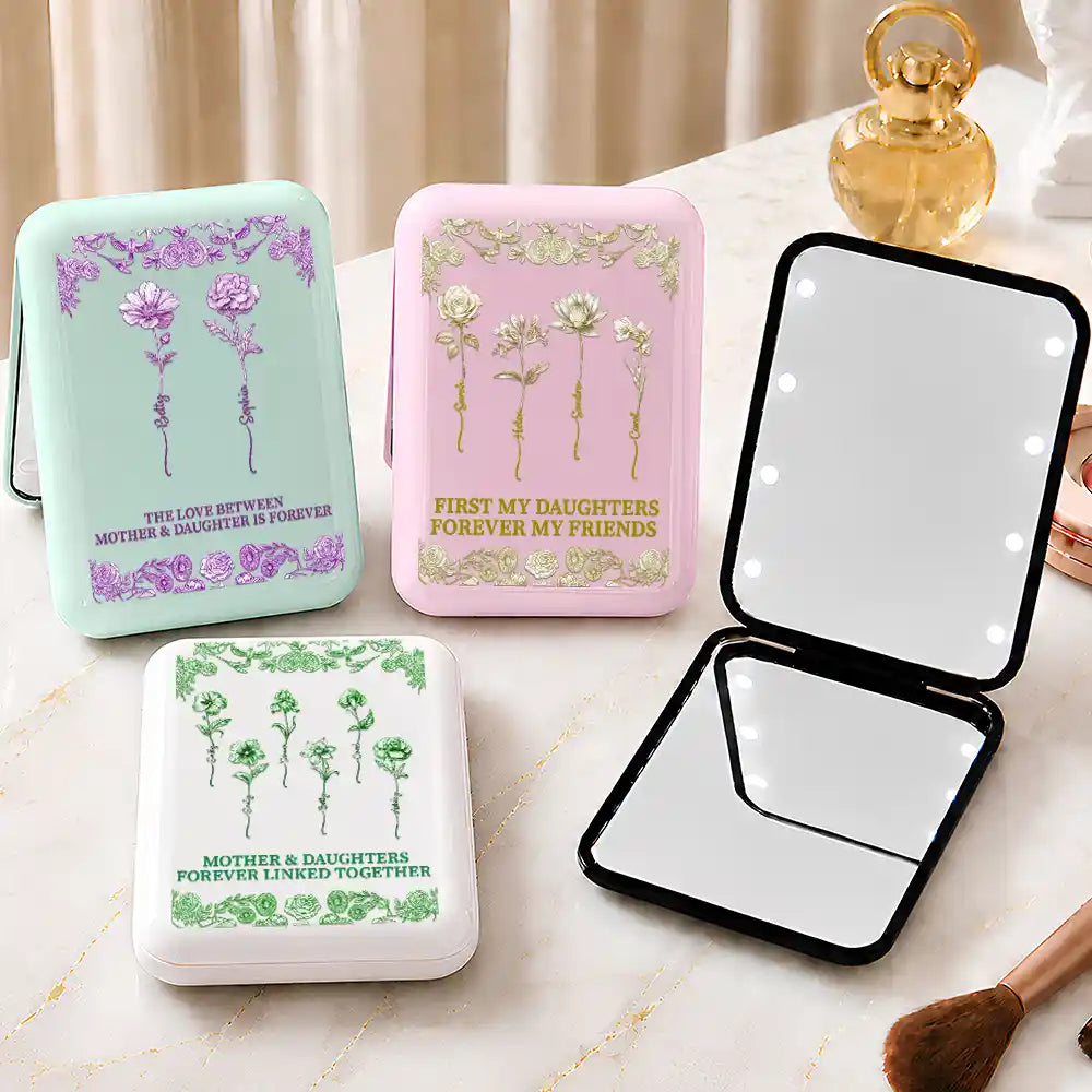Gift For Mother, Gift For Daughter, Mom - Daughter (Adult), Gift For Children, Sentimental, Icon - Love Between Mother Daughter Birth Flower Toile - Personalized LED Compact Mirror