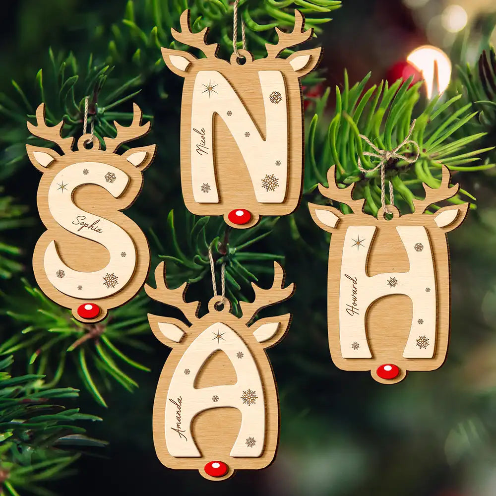 Christmas, Family, Gift For Kids, Happy - Lovely Monogram Keepsake For Family - Personalized 2-Layered Wooden Ornament