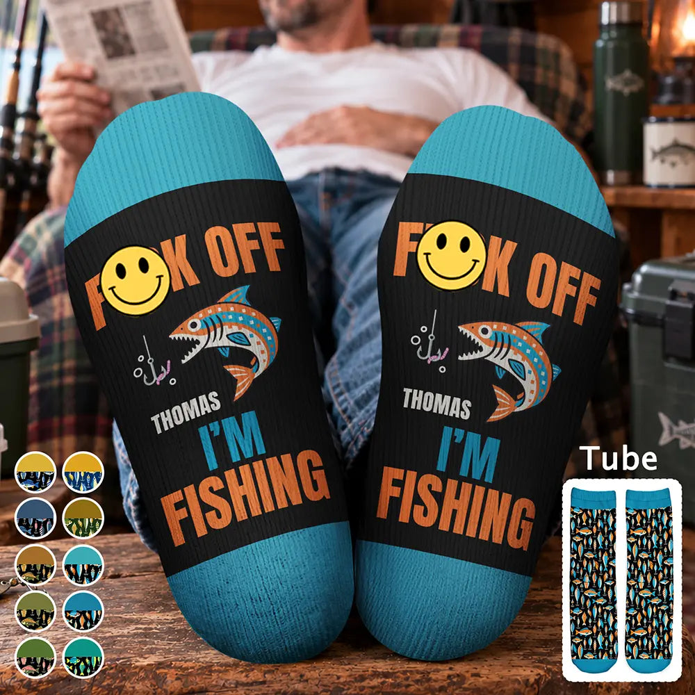 Top Market, Christmas, Gift For Men, Fishing, Gift For Yourself, Icon, Happy - Lucky Fishing Socks Fk Off I'm Fishing Gift For Fisherman - Personalized Socks
