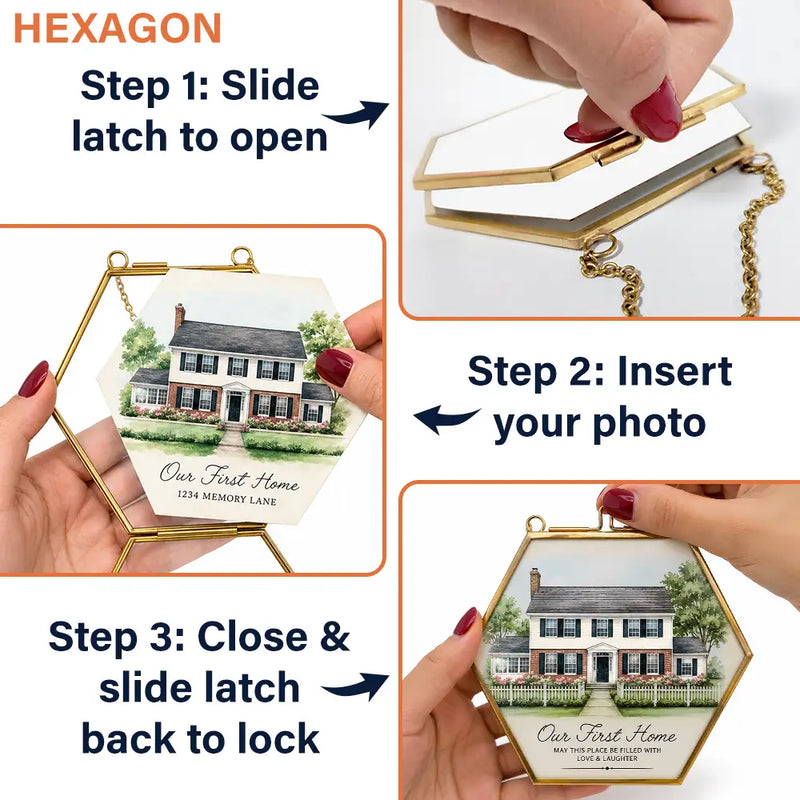 Art Design,Christmas,Family,Photo - Watercolor - With BG,Happy - Custom Photo Watercolor Painting First Christmas In Our New Home - Personalized Metal Frame Ornament