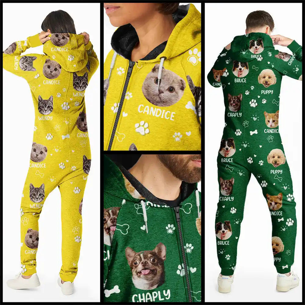 Pet Lovers,Custom Photo,Happy - Custom Photo Paw Prints In My Heart Pet Mom Dad Dog Cat Lover - Personalized Overall Onesie Hooded Jumpsuit