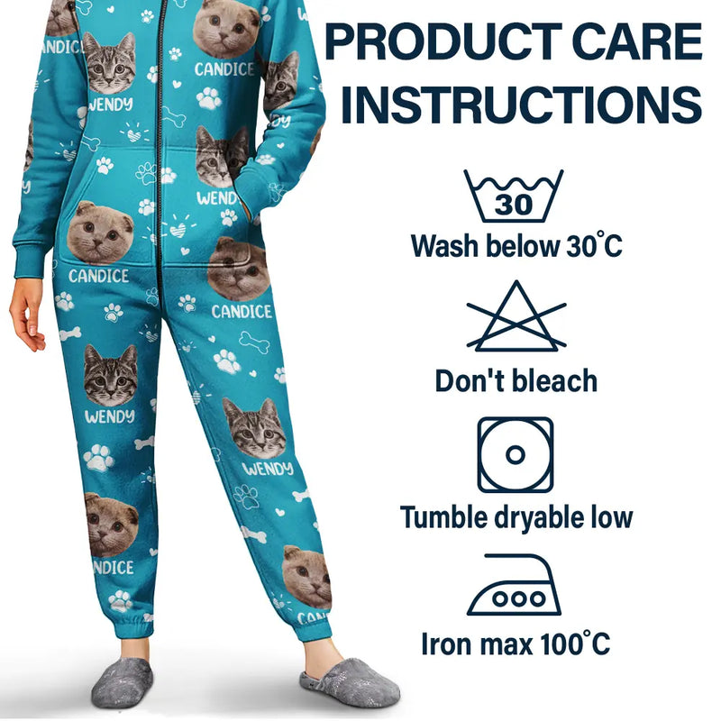 Pet Lovers,Custom Photo,Happy - Custom Photo Paw Prints In My Heart Pet Mom Dad Dog Cat Lover - Personalized Overall Onesie Hooded Jumpsuit