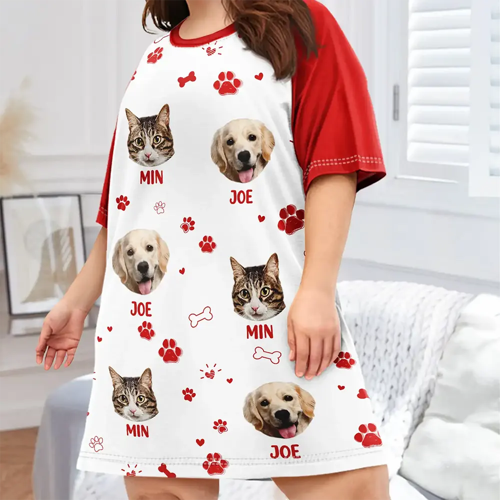 Pet Mom,Custom Photo,Happy - Custom Photo Paw Prints In My Heart Pet Mom Dad Dog Cat Lover - Personalized Women's Sleep Tee