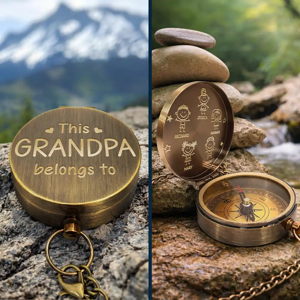 Happy,Gift For Grandpa,Gift For Grandma,Gift For Grandparents - This Grandpa Grandma Belongs To Stick Figures - Personalized Engraved Brass Compass
