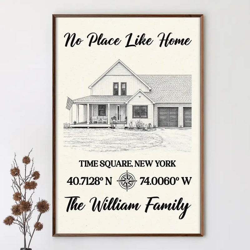 Family,Happy,Parents,Gift For Mother,Gift For Father,Gift For Yourself - Custom Photo Pencil Sketch Location Coordinates No Place Like Home - Personalized Poster
