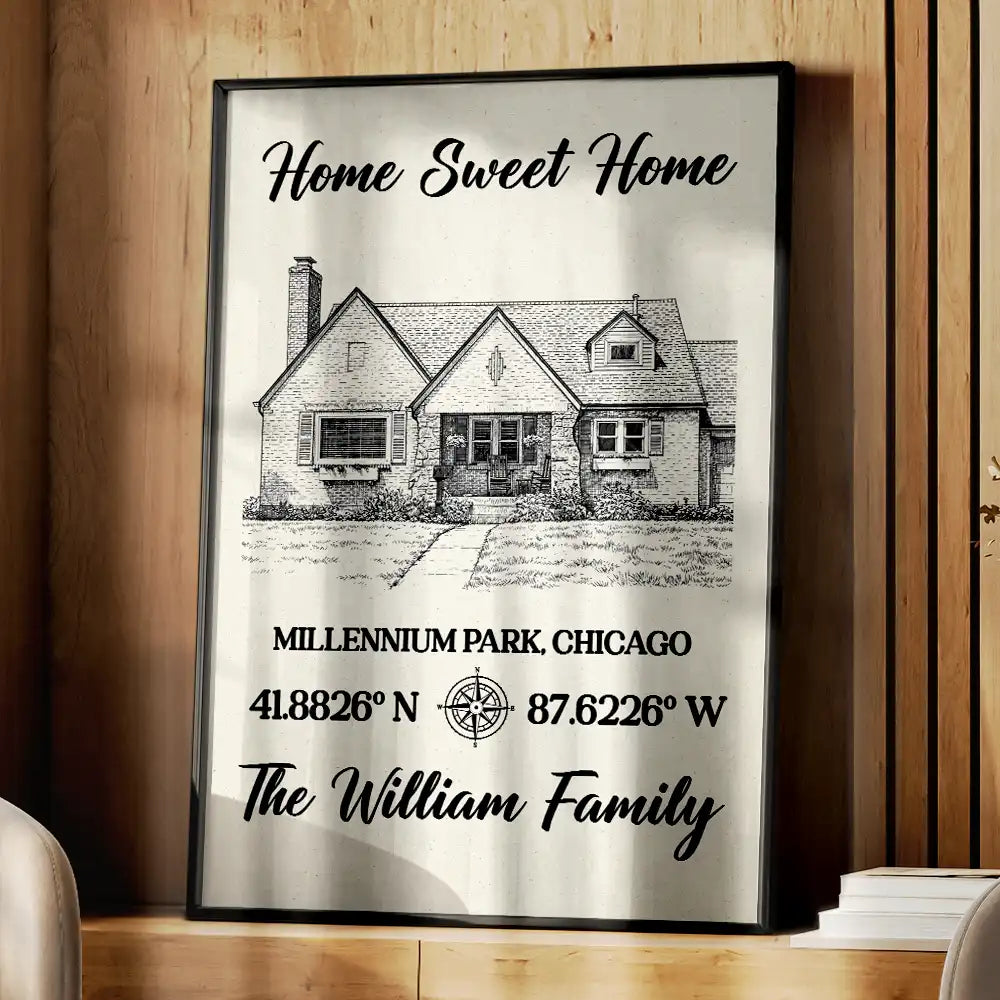 Family,Happy,Parents,Gift For Mother,Gift For Father,Gift For Yourself - Custom Photo Pencil Sketch Location Coordinates No Place Like Home - Personalized Poster