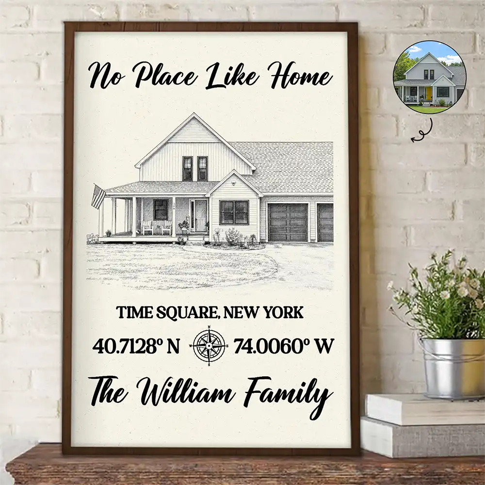 Family,Happy,Parents,Gift For Mother,Gift For Father,Gift For Yourself - Custom Photo Pencil Sketch Location Coordinates No Place Like Home - Personalized Poster