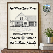 Family,Happy,Parents,Gift For Mother,Gift For Father,Gift For Yourself - Custom Photo Pencil Sketch Location Coordinates No Place Like Home - Personalized Poster